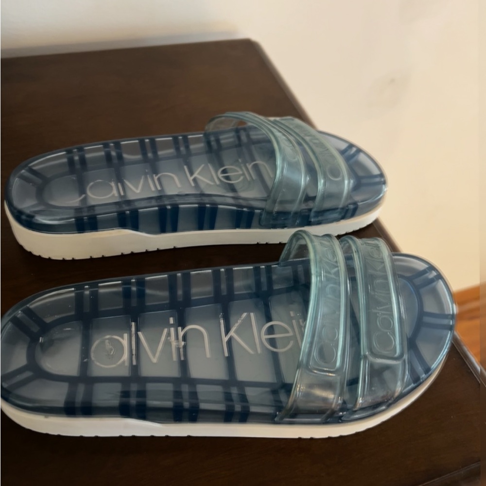 Calvin Klein Kids Blue Plaid Slide Sandals